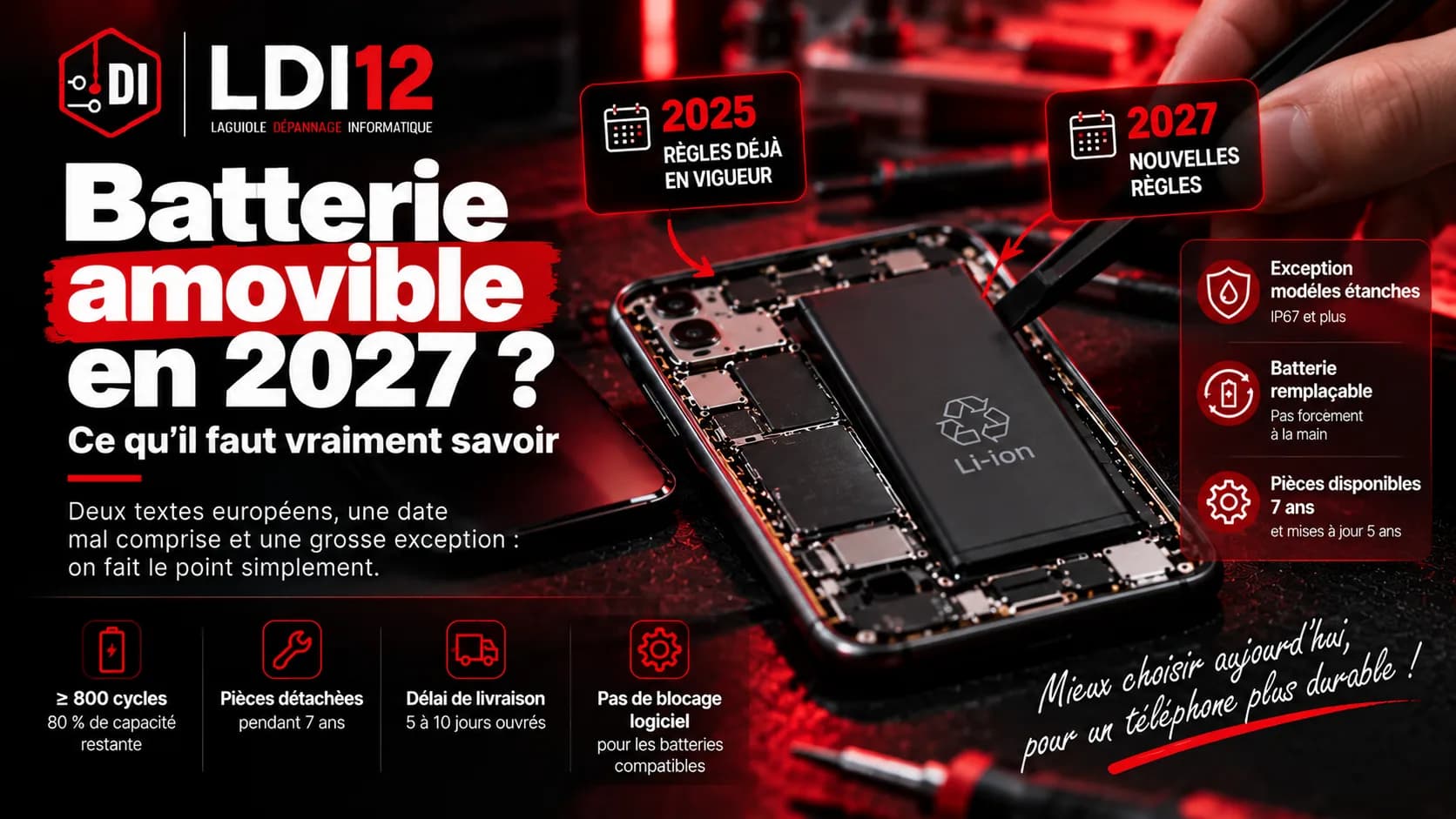 Smartphone ouvert avec sa batterie retirée et un tournevis de précision sur un établi de réparation