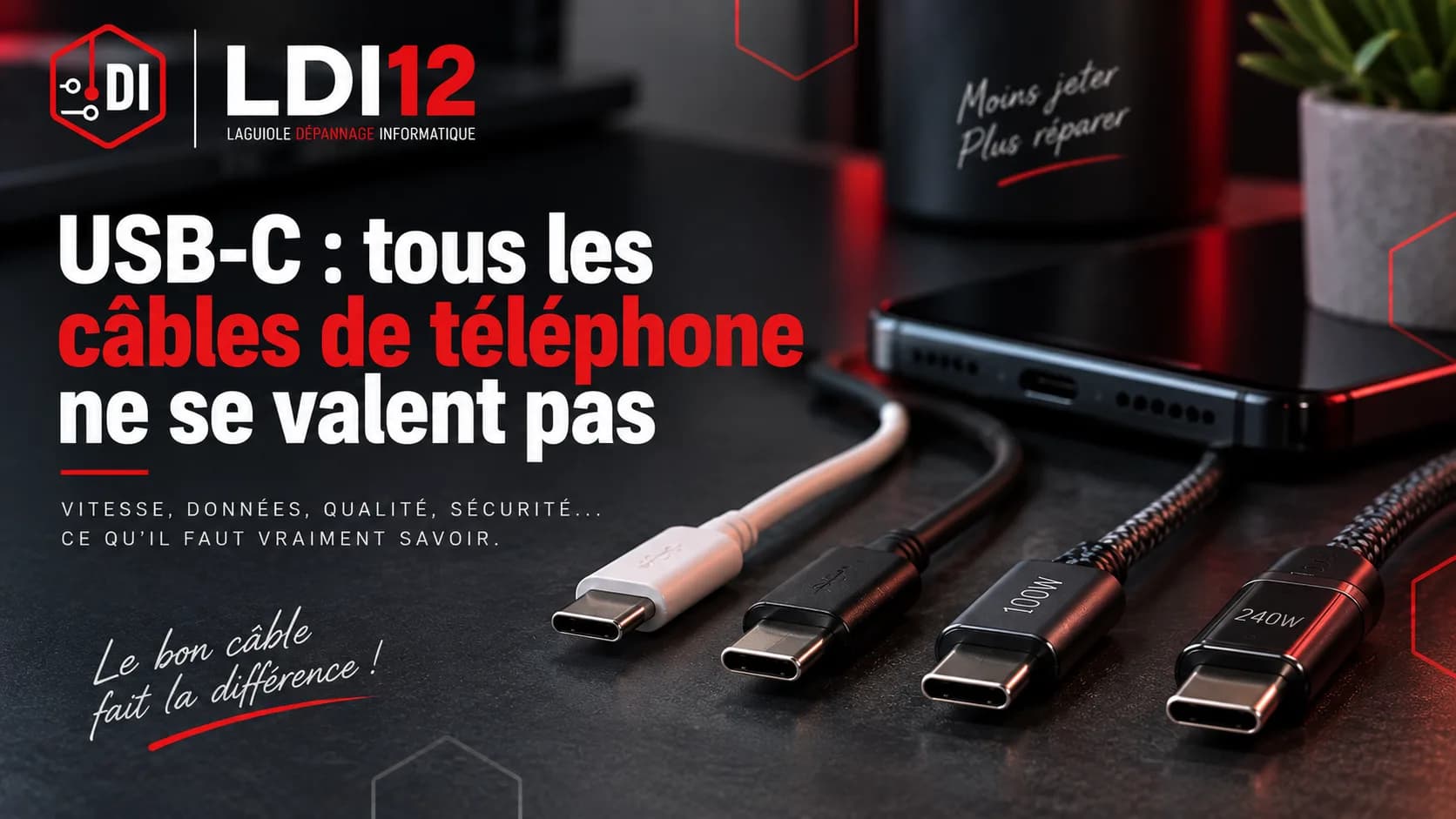 Quatre câbles USB-C alignés devant un smartphone, d’un simple câble blanc à des modèles tressés 100 W et 240 W, avec le titre USB-C : tous les câbles de téléphone ne se valent pas
