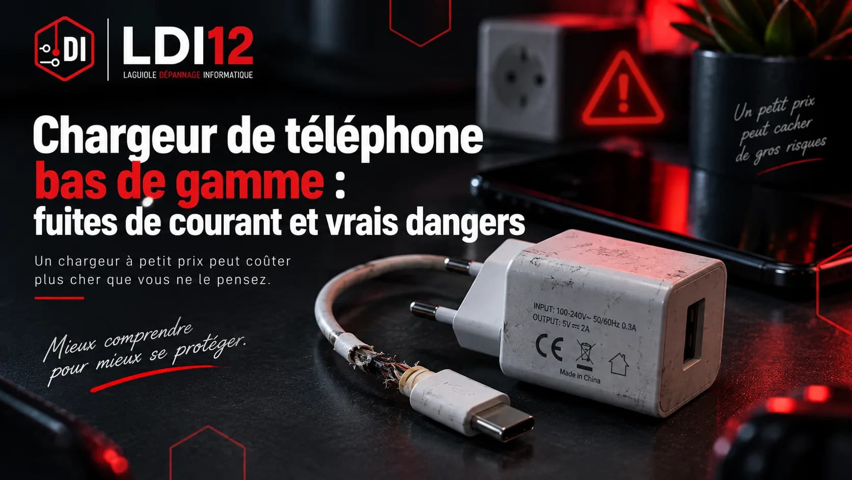 Chargeur de téléphone bas de gamme usé, au câble dénudé près de la prise, posé à côté d’un smartphone sous un panneau de danger, avec le titre Chargeur de téléphone bas de gamme : fuites de courant et vrais dangers