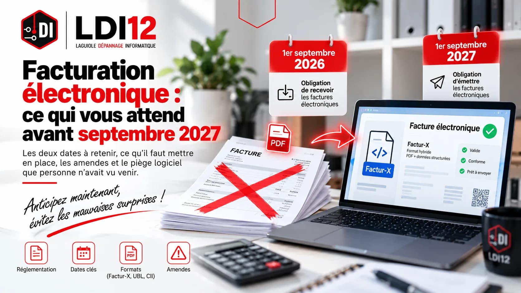 Visuel LDI12 « Facturation électronique » : deux calendriers, obligation de recevoir au 1er septembre 2026 et d’émettre au 1er septembre 2027, des factures papier barrées et une facture Factur-X affichée sur un portable.