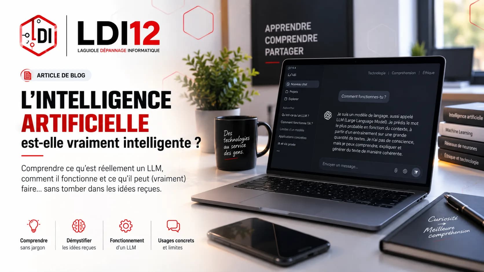 Ordinateur portable affichant une conversation avec un assistant d’intelligence artificielle, posé sur un bureau avec une tasse et des livres, et le titre L’intelligence artificielle est-elle vraiment intelligente ?