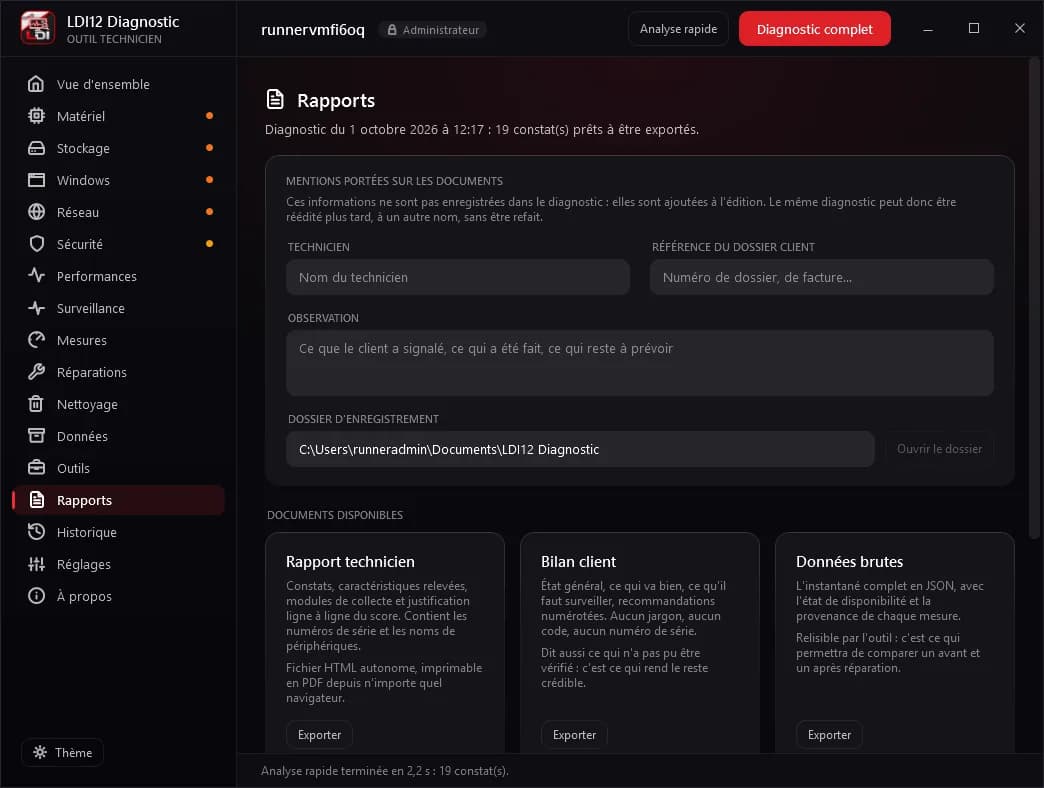 Trois documents : rapport technicien, bilan client, données brutes.