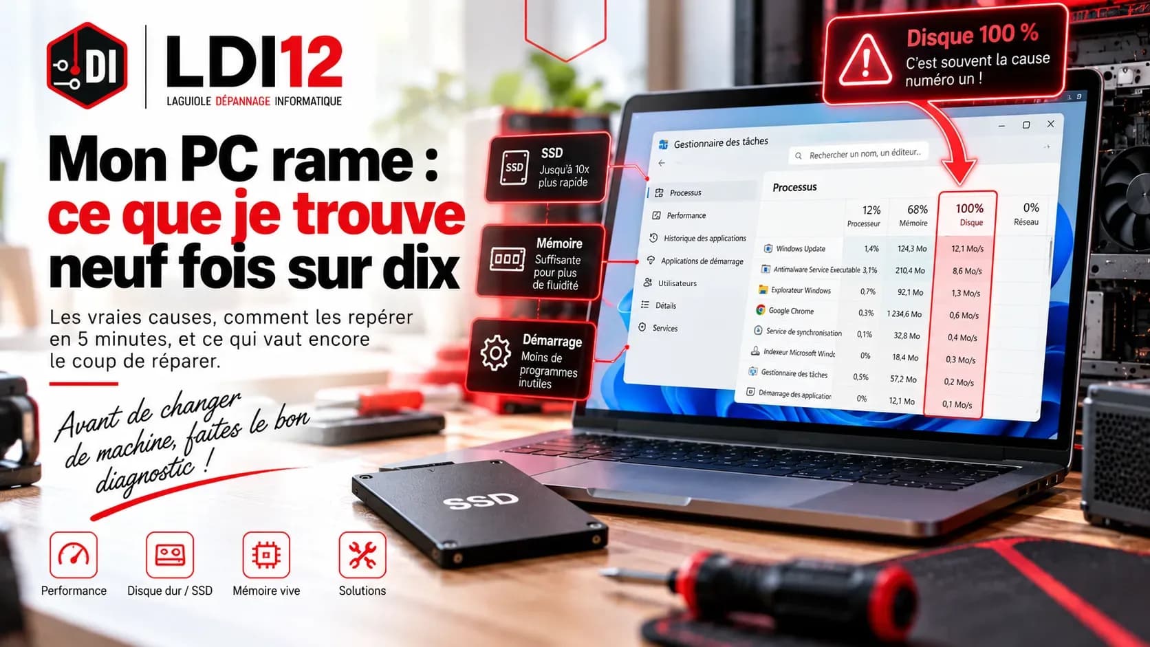 Visuel LDI12 « Mon PC rame : ce que je trouve neuf fois sur dix » : le gestionnaire des tâches de Windows, colonne Disque à 100 % entourée en rouge, et un SSD posé devant un ordinateur portable.