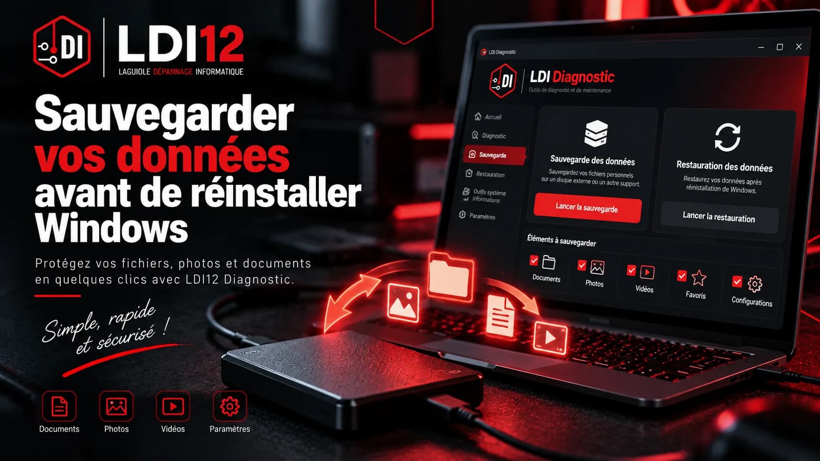 L'écran Données de LDI12 Diagnostic, au moment de choisir ce qui sera sauvegardé