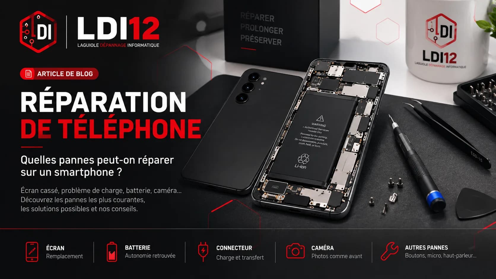 Smartphone ouvert sur un tapis de travail, batterie et composants visibles, à côté de tournevis de précision, avec le titre Réparation de téléphone