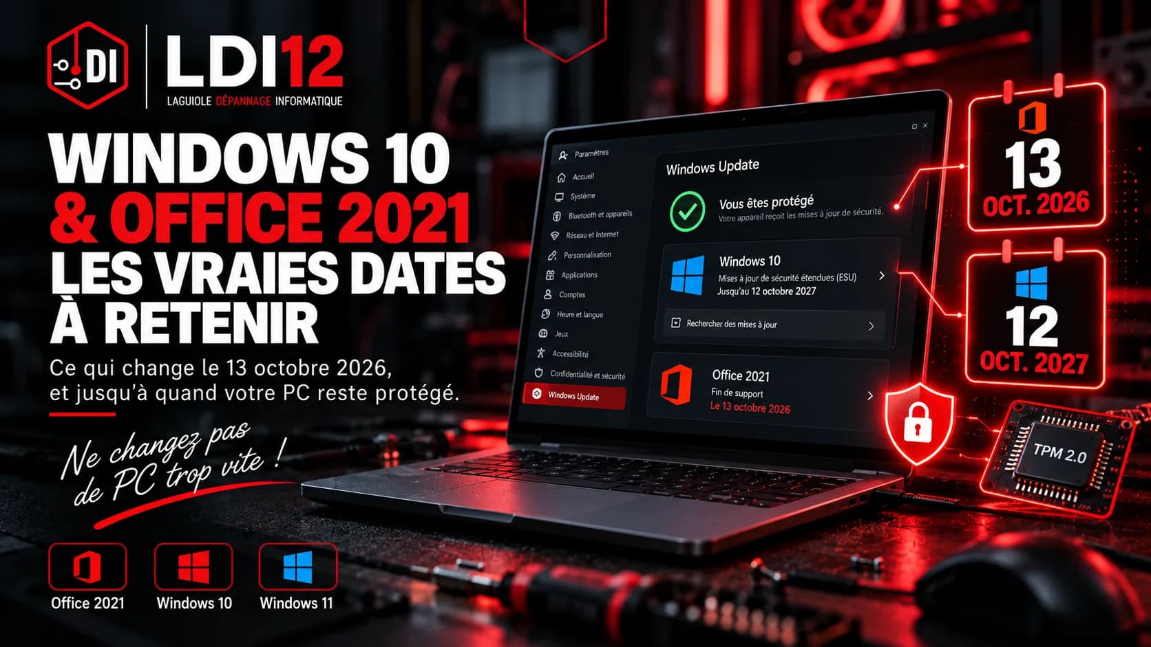 Visuel LDI12 « Windows 10 et Office 2021, les vraies dates à retenir » : un portable affiche Windows Update, la fin du support d’Office 2021 au 13 octobre 2026 et les mises à jour étendues de Windows 10 jusqu’au 12 octobre 2027.