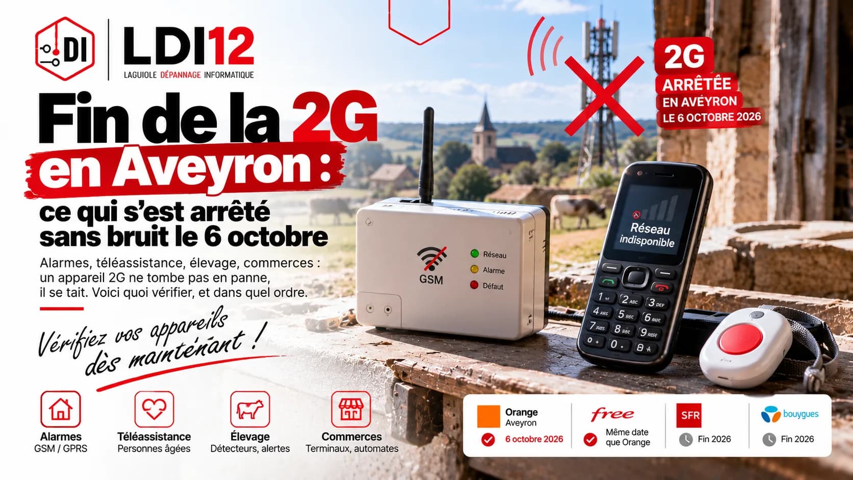 Transmetteur d’alarme GSM, téléphone à touches sans réseau et bouton de téléassistance devant une antenne barrée et un village de l’Aubrac