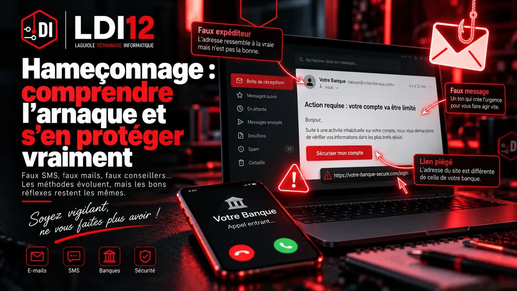 Faux courriel de banque annoté : l’expéditeur trompeur, le ton d’urgence et le lien piégé sont entourés en rouge, et un faux appel de la banque s’affiche sur un téléphone.