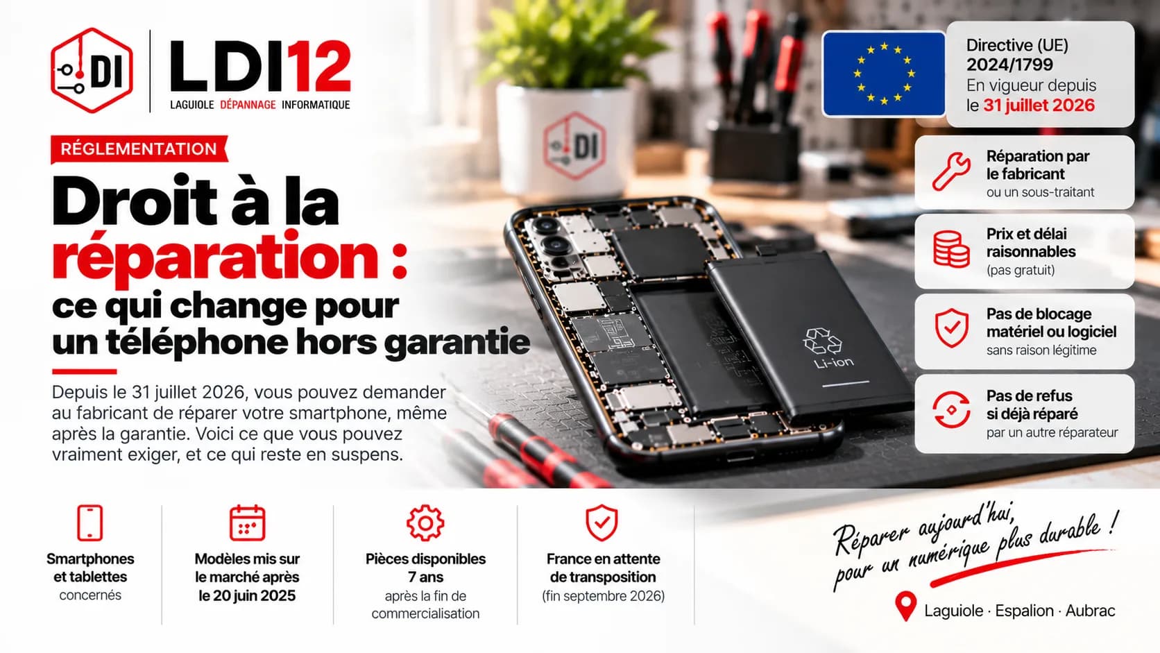 Smartphone ouvert sur un établi en bois, prêt à être réparé dans un atelier de Laguiole