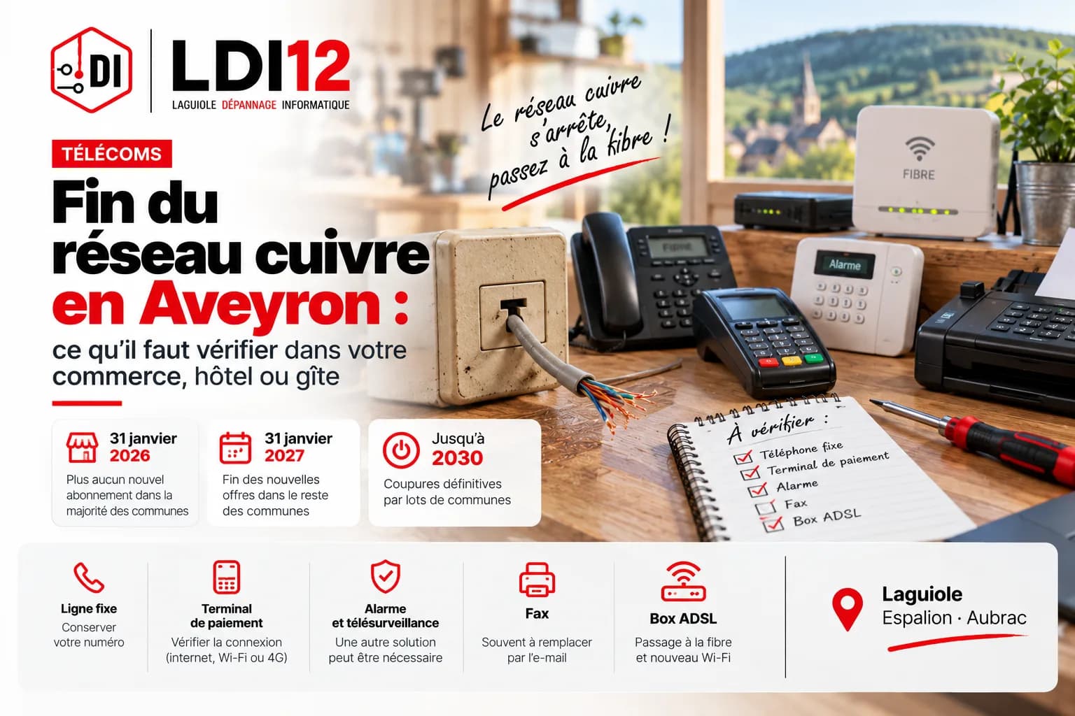 Prise téléphonique en T à côté d’une box fibre et d’un terminal de paiement sur un comptoir