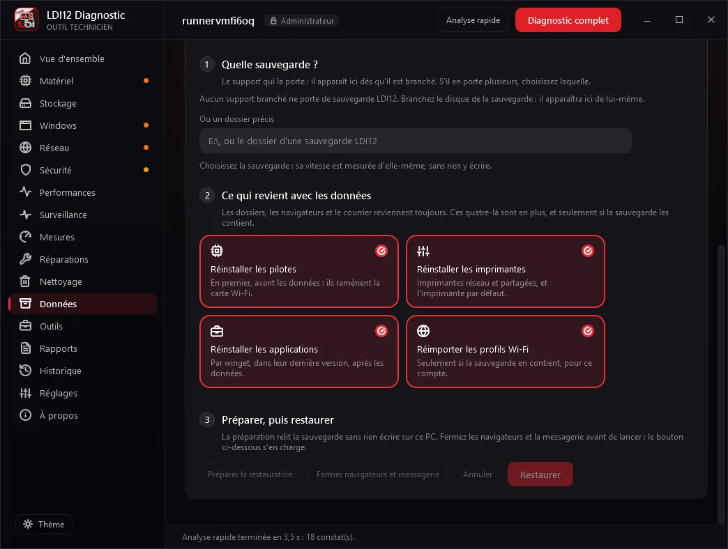 Restauration d'une sauvegarde LDI12 : pilotes, imprimantes, applications et profils Wi-Fi à remettre, en tuiles à cocher